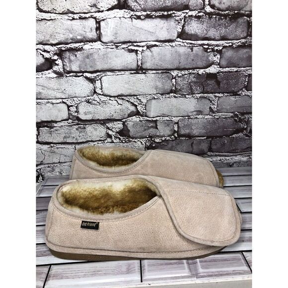 Old Friend Beige Peep Toe Strap Sheepskin Fur Slippers Men Sz 14-15M US/48EU